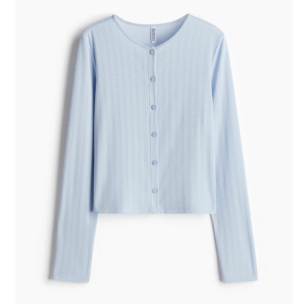 Divided H&M Womens Sz Large LightBlue Pointelle Jersey Cardigan Sweater Crewneck